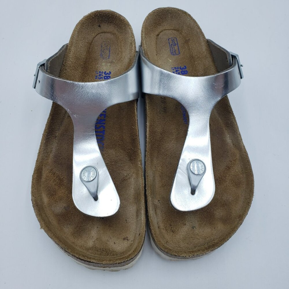 Birkenstock‎ Gizeh Thong Sandals 38 Womens Slip On Leather Silver